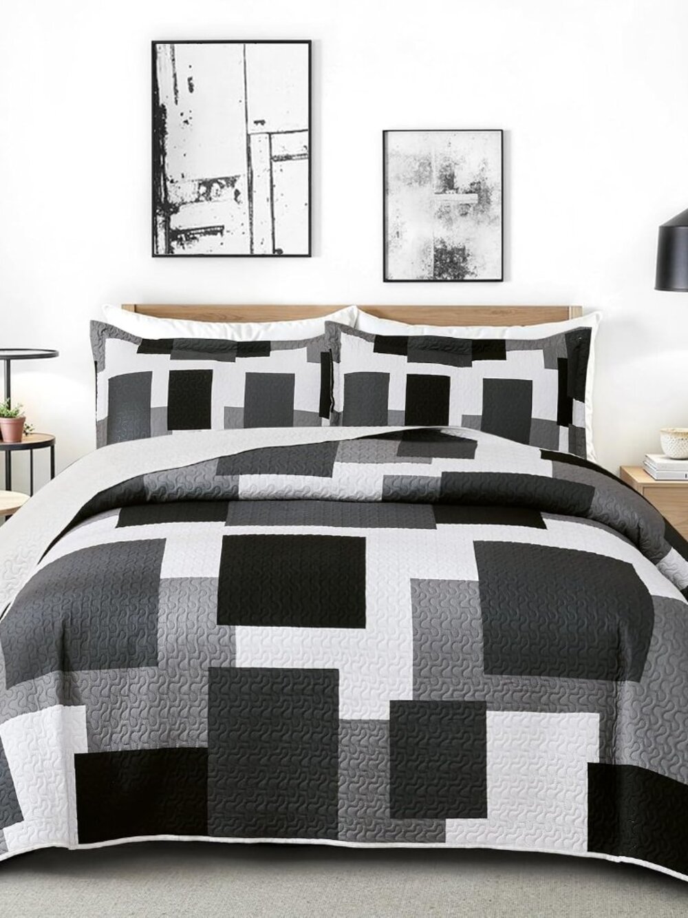 3 Piece Black Grey Quilt Full/Queen Size Black White Gray Bedding Set